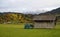 Alpine autumnal village of Garmisch with snowy Alps in the background in Bavaria (Germany)