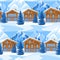 Alpine chalet houses seamless pattern. Winter resort landscape with snowy mountains and fir forest