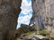 Alpine climbers on the Ebenalp mountain cliffs in the Appenzellerland region and Alpstein mountain range