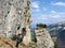 Alpine climbers on the Ebenalp mountain cliffs in the Appenzellerland region and Alpstein mountain range