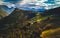 Alpine countryside landscape with high mountains. Kamnik Savinja Alps, Logar valley, Slovenia, Europe.