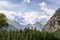 Alpine gorge overgrown with dense evergreen pine forest, snow-capped mountain peaks under white clouds, Aosta Valley, Italy