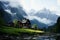 Alpine houses nestled in the shroud of Dachsteins misty embrace