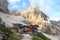 Alpine hut Rifugio Agostini and mountain alps panorama in Brenta Dolomites, Italy
