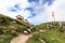 Alpine Hut Zsigmondyhutte and Austrian flag in Sexten Dolomites, South Tyrol