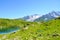 Alpine Lac de Cheserys, Lake Cheserys near Chamonix-Mont-Blanc in French Alps. Glacier lake with high mountains in the background