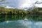 alpine lake Alatsee, the snowy Bavarian Alps and spring forest reflected in the water , Bavaria, Germany