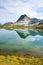 Alpine lake Riezler Alpsee and Kanzelwand mountain, reflecting in the water. Allgau Oberstdorf