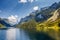 Alpine lake Vorderer Gosausee. Salzkammergut is a famous resort area located in the Gosau Valley in Upper Austria. Dachstein