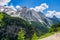 Alpine landscape in the Dolomites, Italy. Glacier Marmolada and Fedaia pass