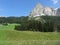 Alpine landscape with green pastures and firs against italian Dolomites at summer . View from La Villa village, Bolzano