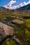 Alpine landscape in the Lord of the Rings style in the Greina plateau, in Switzerland. In the foreground there is a