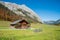 Alpine landscape with rustic wooden chalet, hiking resort Karwendel, Eng Almen