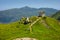 Alpine landscape with small soldiers monument facing the Mediteranean Sea in Beigua National Geopark