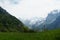 Alpine landscape In the springtime with a meadow, hills covered by coniferous woods and mountains covered with snow.