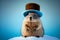 Alpine marmot in a top hat on snow on blue background.
