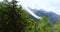 Alpine Mountain. Foggy landscape. Snowy peaks in Chamonix. Northern French and Swiss rustic scene. Panoramic aerial view