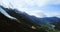 Alpine Mountain. Foggy landscape. Snowy peaks in Chamonix. Northern French and Swiss rustic scene. Panoramic aerial view