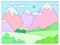 Alpine mountain landscape view, sun outdoor grass wild field hike area, concept national park woodland cartoon line