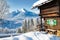 Alpine mountain scenery with cabin in winter