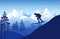 Alpine mountain ski downhill. Skier on slope of snowy rock. Jump competition in ice Alps. Mountainside skiing. Nature