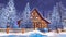Alpine mountain timber house at snowy winter night