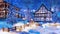 Alpine mountain town at winter night in watercolor