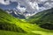 Alpine mountains landscape on bright sunny summer day. Grassy meadow on hillside with mountain river and rocky mountain