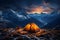 Alpine night camping Tent beneath stars, surrounded by towering peaks and tranquility