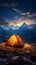 Alpine night camping Tent beneath stars, surrounded by towering peaks and tranquility