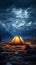 Alpine night camping Tent beneath stars, surrounded by towering peaks and tranquility