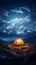 Alpine night camping Tent beneath stars, surrounded by towering peaks and tranquility