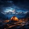 Alpine night camping Tent beneath stars, surrounded by towering peaks and tranquility