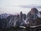 Alpine panorama of Cadini di Misurina mountain range group from Tre Cime di Lavaredo in Dolomites South Tyrol Italy alps