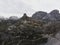 Alpine panorama of Locatelli cabin mountain hut with Toblin tower at Tre Cime di Lavaredo in Dolomites South Tyrol Italy