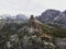 Alpine panorama of Locatelli cabin mountain hut with Toblin tower at Tre Cime di Lavaredo in Dolomites South Tyrol Italy