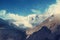 Alpine path in the Himalayas among the snowy peaks and the cloud