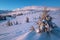 Alpine resort ski slopes and lifts. Pre sunrise morning Svydovets mountain ridge and snow-covered fir trees view, Dragobrat,