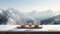 an alpine retreat with two steaming cups of herbal tea set against the backdrop of snow-capped mountains in a modern