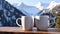 an alpine retreat with two steaming cups of herbal tea set against the backdrop of snow-capped mountains in a modern