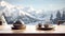 an alpine retreat with two steaming cups of herbal tea set against the backdrop of snow-capped mountains in a modern