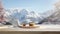 an alpine retreat with two steaming cups of herbal tea set against the backdrop of snow-capped mountains in a modern