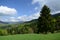 The alpine ridges of the Carpathian Mountains are surrounded by centuries-old forests on the background of the blue sky with white