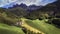 Alpine scenery of breathtaking Dolomites rocks mountains in Italian Alps, South Tyrol, Italy. Aerial view of Val di Funes