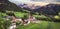 Alpine scenery of breathtaking Dolomites rocks mountains in Italian Alps, South Tyrol, Italy. Aerial view of Val di Funes