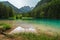 Alpine scenery with mountains and turquoise lake in Slovenia