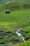 The alpine scenic landscapes of mountains, meadows and flowers at Dondena, Aosta Valley, Italy in the natural reserve of Mount