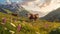 Alpine Serenity: Cows Grazing on Wildflower Meadow with Snow-Capped Peaks. Generative AI