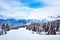 Alpine ski slope in Mont-Blanc Alps mountains view