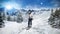 Alpine skiing skier slides downhill in mountainscape